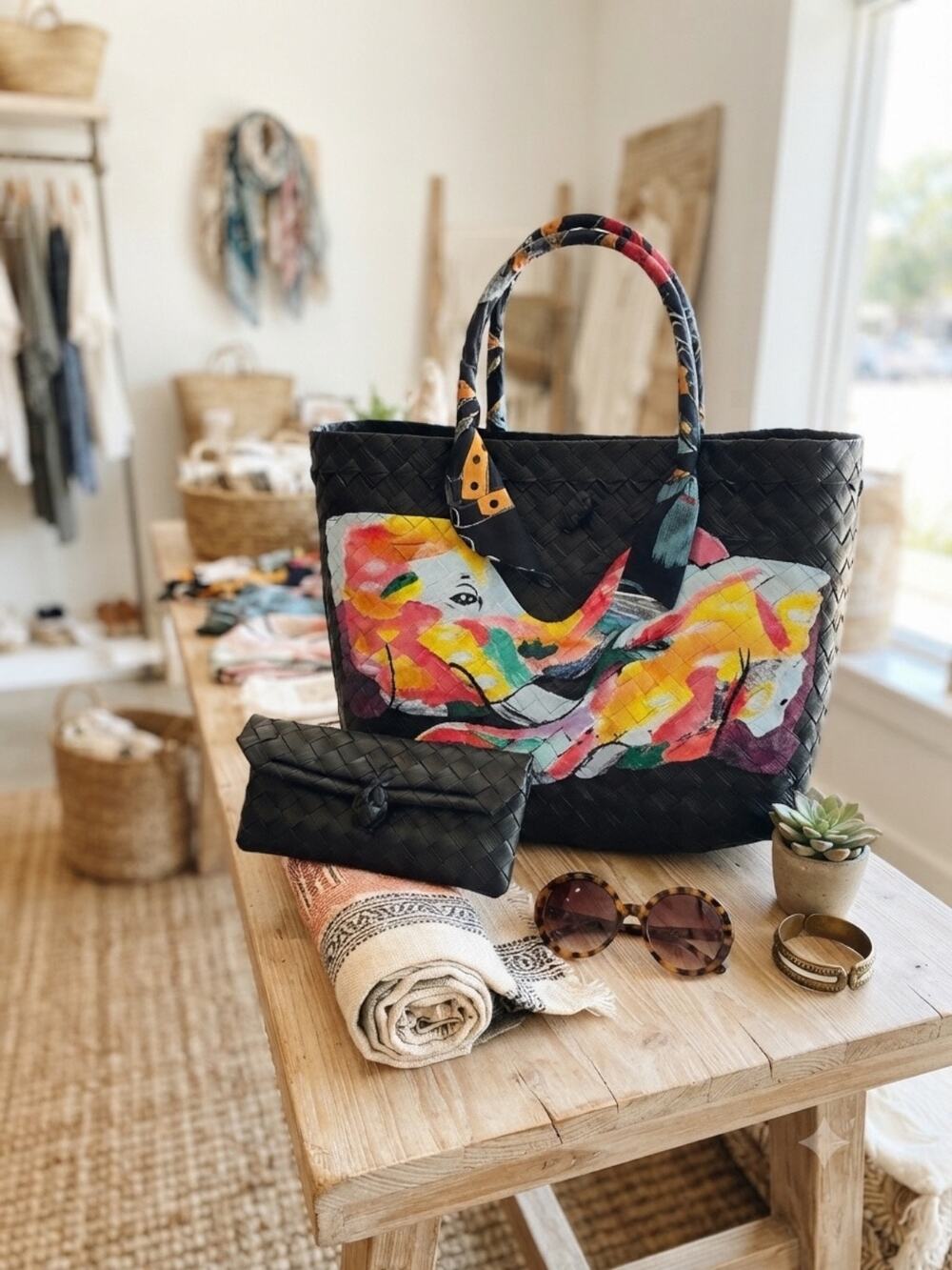 Artistic Black Woven Tote Set with Matching Wallet & Scarf